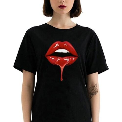 Women Red Mouth Lip Kiss Printed Girl Black Tshirt Summer Fashion Harajuku Short-sleev Female Tops Hipster Hip-hop Lady Tee