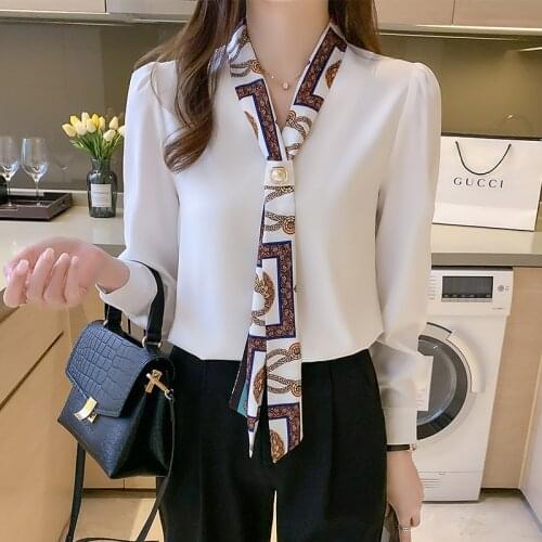 Spring Navy Collar Elegant Fashion Stitching Ladies Blouse Solid Color Chiffon Shirt with Printed Ribbon and Buttons for Womens
