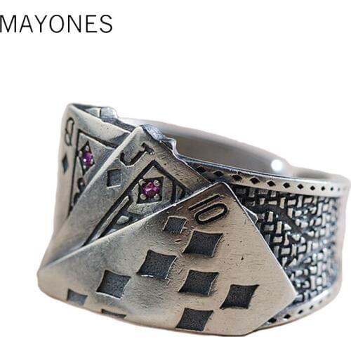 100% Real 925 Silver Poker Ring New Fashion Punk S925 Sterling Silver Rings for Women Jewelry Adjustable Size
