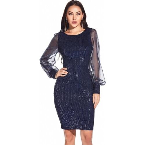 Woman Dress 2021 Spring Sexy Vintage Glitter Mesh Patchwork Sequins Party Dress Women Long sleeve Slim Office Bodycon Dresses