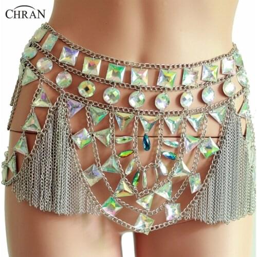Chran Sexy Mesh Disco Sequin Skirt Tassels Mirror Bodysuit Dress Body Chain Exotic Burning Man Rave Outfit