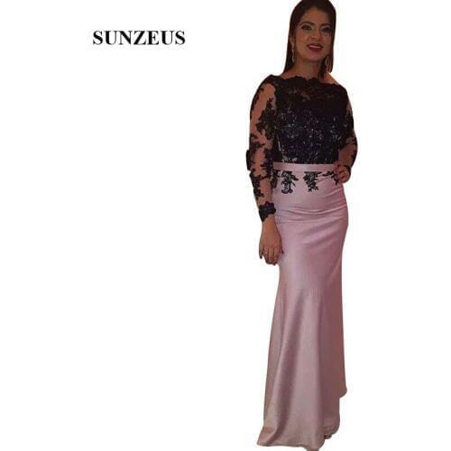 Sheath Pink Evening Dresses With Black Appliques Long Sleeves Women Formal Gowns Guest Dinner Dress