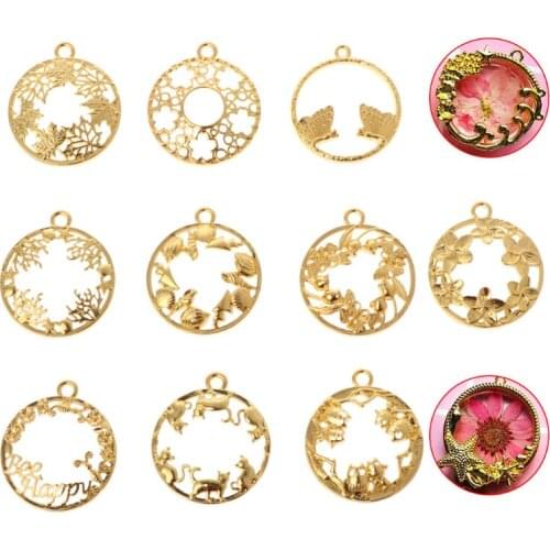 10Pcs/Set Round Floral Frame Metal DIY Epoxy Resin Crafts UV Resin Exquisite Carved Jewelry Pendant Earrings Findings Accessory