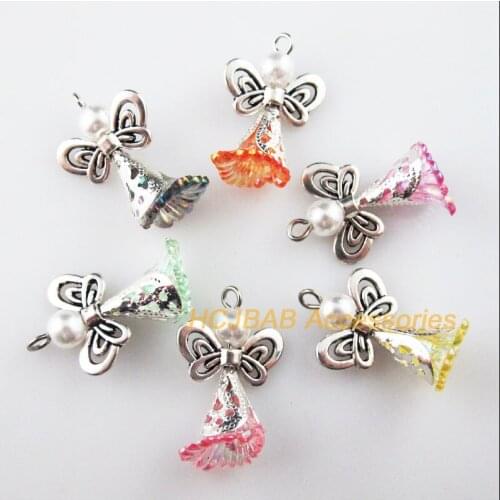16 New Dancing Angel Charms Tibetan Silver Wings Mixed Flower Pendants 18x27mm