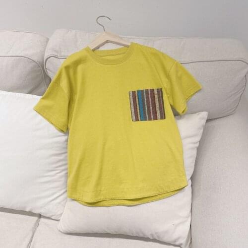 2021 Summer New Boys Cotton T Shirts Casual Loose Soft Kids Short Sleeve Tops Yellow Striped Pocket T-shirt For Boy Baby Clothes