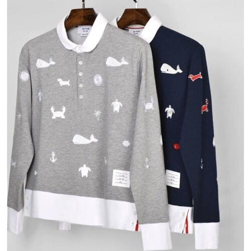 2021 Fashion TB THOM Brand T-shirt Turn-down Collar Patchwork Long-Sleeve T-shirt Men Cotton Whale Embroidery INS Style Clothing