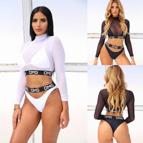 2021 Sexy Women Bikini Set Long Sleeve Mesh T-shirt Cover with Bra Thongs 3pcs Set Swimwear Bathing Suit Swimsuit Swimming Wear
