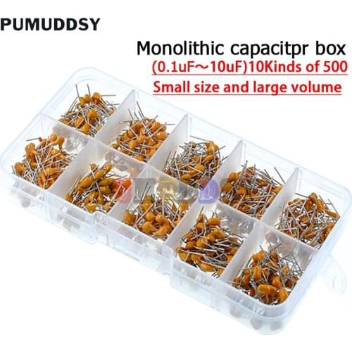 500pcs/lot 10values*50pcs 0.1uf-10uf(104~106) 50v multilayer ceramic capacitors assorted kit assortment set with storage box