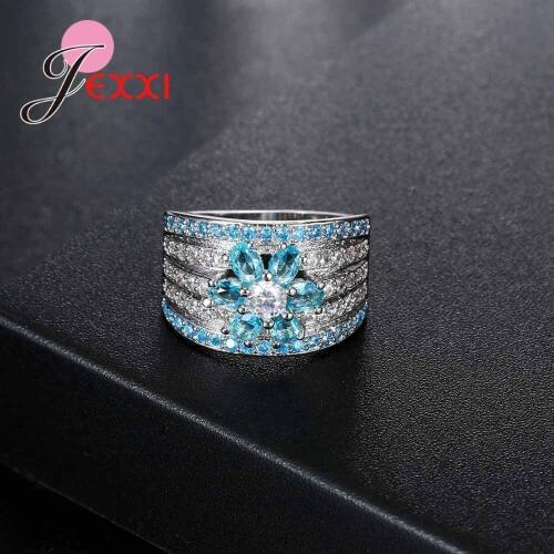 925 Sterling Silver Wedding Band Rings for Women Red Flower Engagement Ring Female Anillos Mujer Vintage Anillos Jewelry