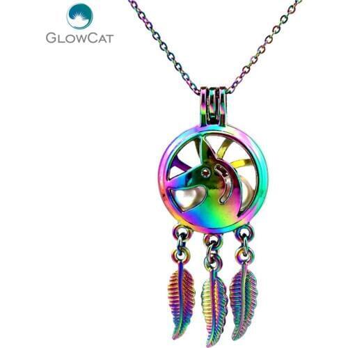 C739 Rainbow Color Beaty Dream Catcher Unicorn Leaf Cage Pendant Aroma Essential Oil Diffuser Locket Necklace