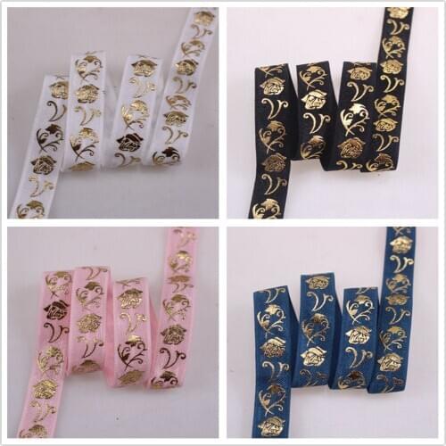5/8" Gold/Rose Gold foil rose prined Fold over elastic,50/100 yards per lot