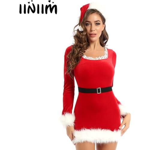 Hot Womens Adult Fancy Flannel Christmas Party Santa Claus Xmas Costumes Lace Long Sleeves Faux Fur Trim Dress with Belt Hat