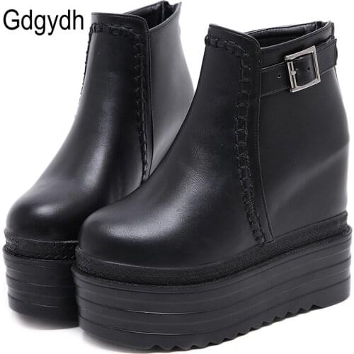 Gdgydh Height Increasing High Heels Boots Autumn Fashion Trendy Black Zipper Ankle Buckle Platform Boots Women Thick Sole Suede