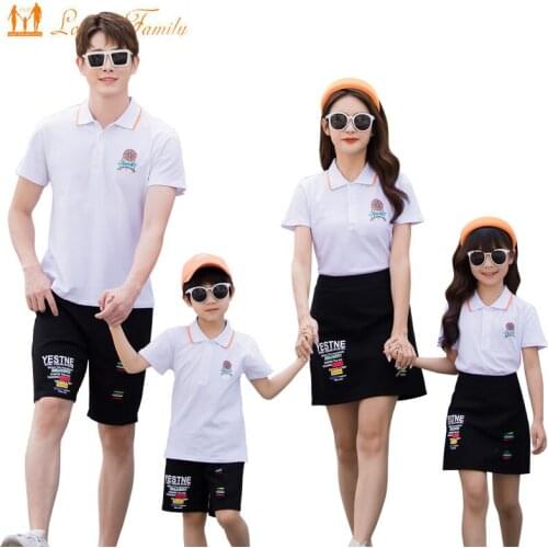 Family Matching Outfits Summer Style Family Clothing White Polo T-Shirt Short Pants Mother Daughter Dress Father Son Clothes Set