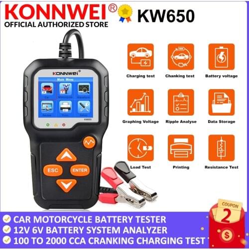 KONNWEI KW650 Car Motorcycle Battery Tester 12V 6V Battery System Analyzer 2000CCA Charging Cranking Test Tools for the Car
