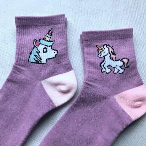 Adult Size Mid Calf Crew Medium Cotton Short Socks Running Unicorn Head Body Rainbow Horse Lavender Violet Purple Birthday Gift