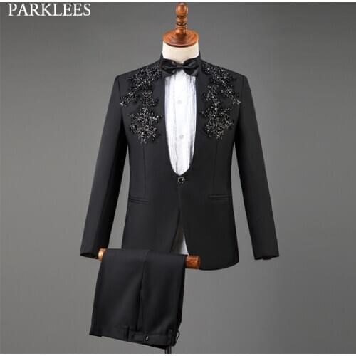 Black Wedding Suit for Men Floral Sequin Mens Suits 3 Piece with Bow Tie Men Suit Set Tuxedo Stage Prom Performance Men Clothing