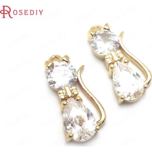 36442)6PCS 19x9MM 24K Champagne Gold Color Brass with Zircon Cat Charms Pendants High Quality Diy Jewelry Findings Accessories