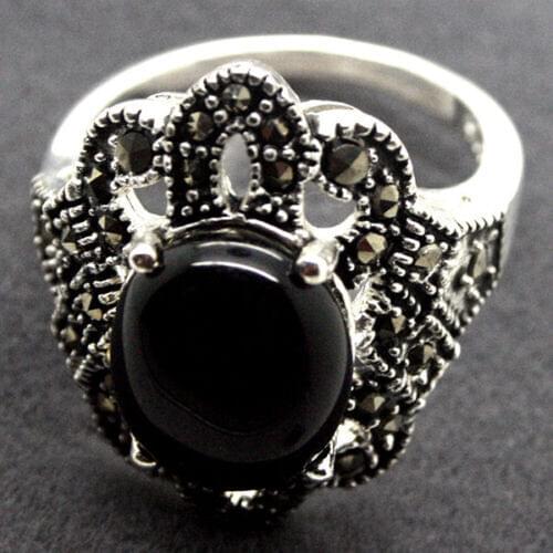 Hot selling>@@ PRETTY NATURAL BLACK 2017 925 STERLING SILVER MARCASITE RING SIZE 7/8/9/10 -Bride jewelry good