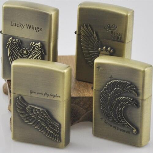 Earth Metal Windproof Embossed Wings Alloy Bronze Brush Kerosene Lighter Gift