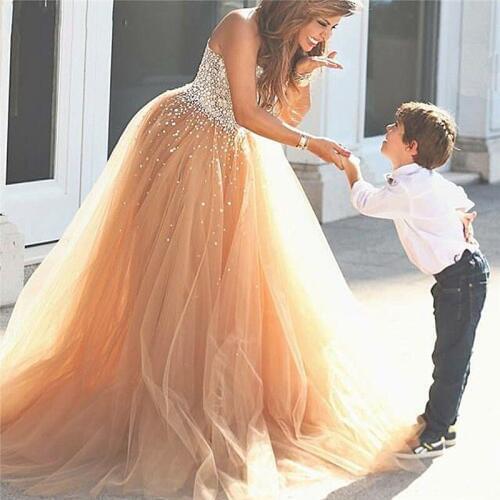 Champagne Flower Girl Dress Beaded Top Sleeveless A-line Floor Length Luxury Mother Daughter Dress платья знаменитостей vestidos