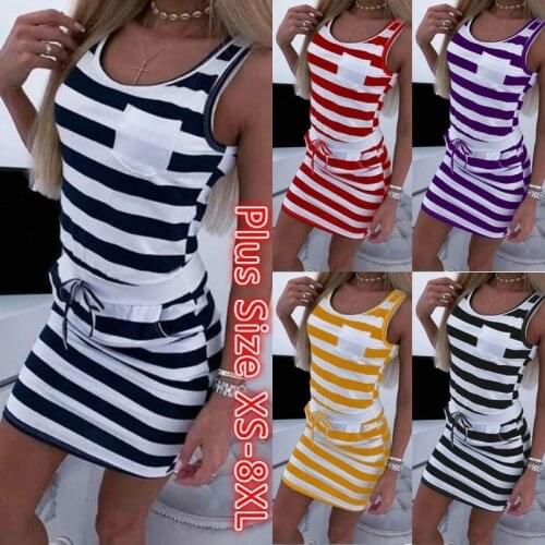 Plus Size Women Short Sleeved Casual Sleeveless Stripe T Shirts Dress Tunic Waist Dresses Beach Vestido Dress Women Party Dress