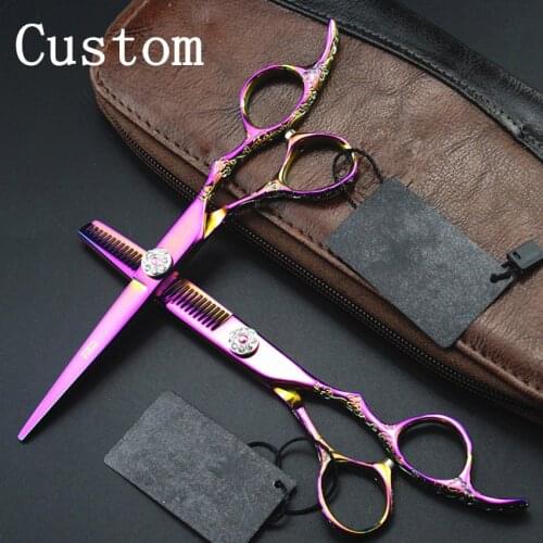 Custom Upscale 440c 6 inch Purple Plum cut hair scissors set cutting barber makeup tools thinning shears hairdressing scissors