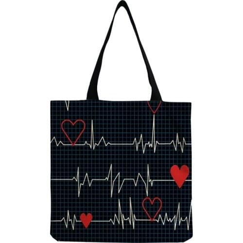 Electrocardiogram Printed Handbag Simple Fashion Tote Female Reusable Shopping Bag Outdoor Foldable Shoulder Bag Nurse Beach Bag