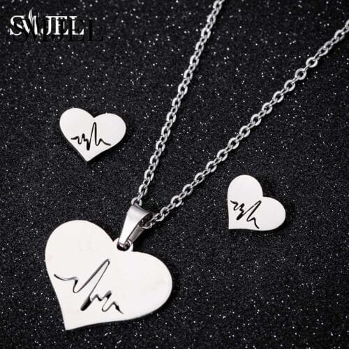 SMJEL Romantic Stainless Steel Heart Pendant Necklace for Women Girlfriend Heartbeat Necklace Set Collar de mujer