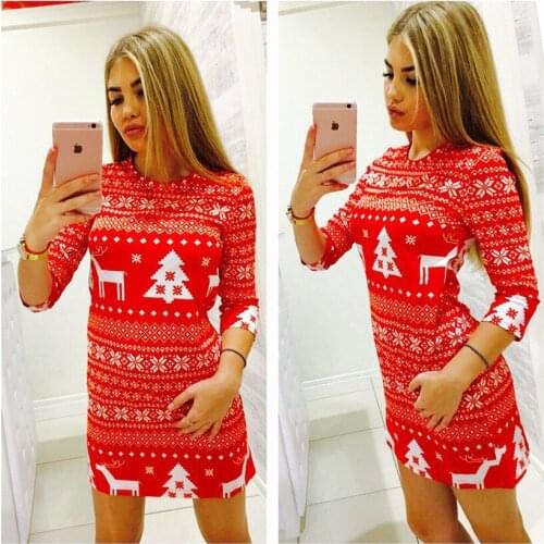 Christmas 2020 New Hot Winter Christmas Slim Mid-sleeve Fawn Print Dress Christmas Dresses Sweater Elk Santa Short Dress