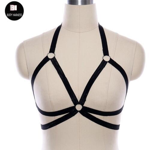 Pastel Goth Rave Black Bondage Harness Pole Dance Sexy Women Crop Top Cage Bra Fetish Body Harness Belt
