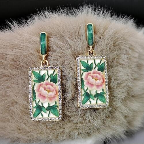 Classic Enamel Plant Green Leaves Red Flower Earring New Luxury Printing Blossom Rose Wedding Earrings Women Jewelry