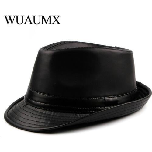 Wuaumx Brand Simple Jazz Caps Men PU Leather Fedoras Hat For Male Autumn Winter Retro Bowler Hats Vintage Black Panama Cap