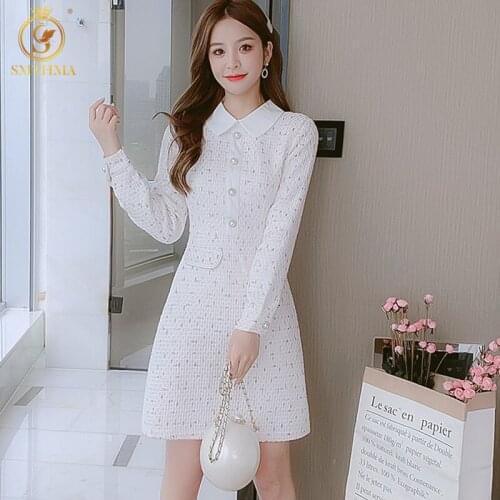 SMTHMA New Fashion High-End Designer Runway Dress Womens Single Breasted Lapel Tweed Woolen Dress Vestidos