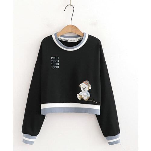 Harajuku Bear Print Long Sleeve Sweatshirt Women 2021 Summer New Femme Casual Loose Short Cotton Top Sweet Hoodies 2113121