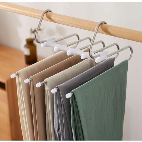 Multifunction Pants Hanger 5 Tier Portable Stainless Steel Trousers Racks Clothing Storage Organization Space Saving