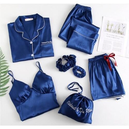 Spring Summer 7 Pcs Silk Elegant 2020 Women Pajamas Set Solid Long Sleeve Top Elastic Waist Pants Sleepwear with Chest Pad