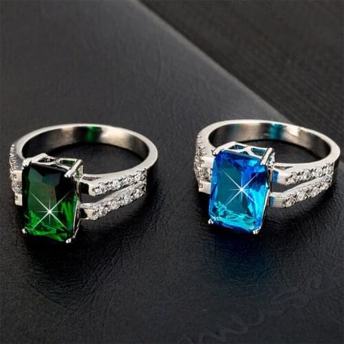 High Quality AAA Square Blue/Green Stone Silver Color Rings For Women Gorgeous Wedding Anel For Elegant Lady wholesale
