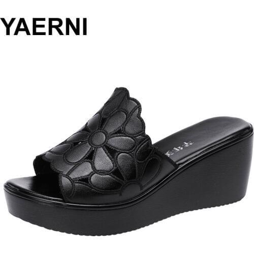 YAERNIBig size 32-43 platform shoes women slippers summer 2020 open head high heels wedges slides ladies comfortable slipper for