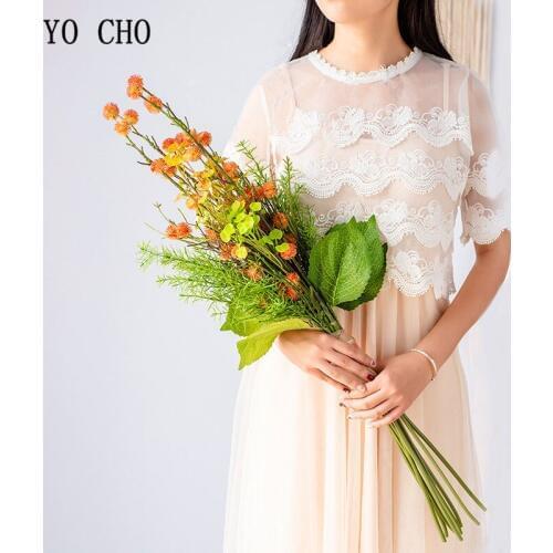 YO CHO Bridal Wedding Flower Bouquet Quality Green Plants Wedding Bouquet Artificial Flower Silk Pompon Fake Pine Needles Leaves