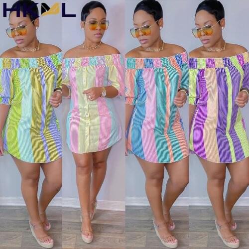 Rainbow Striped Print Shirt Blouse Dresses for Women Slash Neck Half Sleeve Irregular Dress Autumn Off Shoulder Button Vestido
