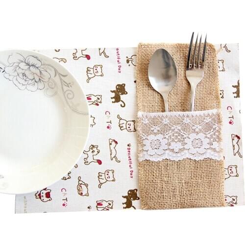 10Pcs Wedding Linen Tableware Bag Lace Cutlery Tableware Knife Fork Holder Bag Hessian Jute Table Decoration Accessories