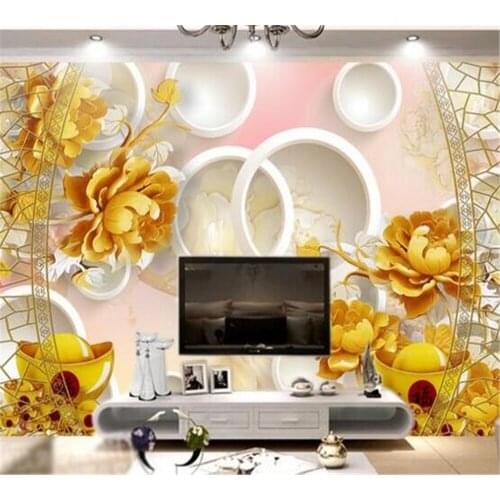 Beibehang 3D wallpaper high-end stereo custom wood carving peony singing lotus fish fun living room TV background wall