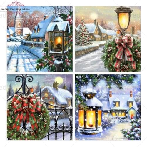 5D DIY Diamond Painting Cross Stitch Kit Winter Snow House Scenery Christmas Tree Diamond Embroidery Christmas Decor Xmas Gift