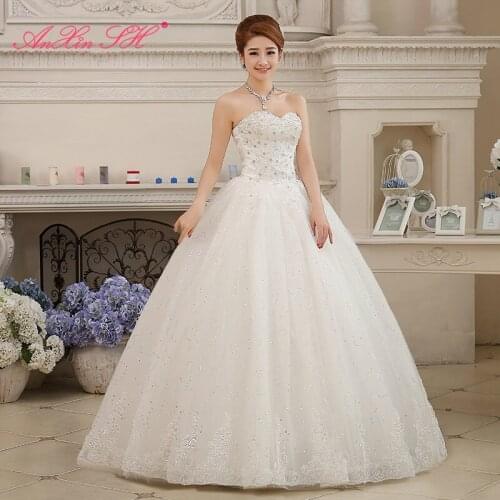 AXJFU princess white flower lace wedding dress vintage party strapless sleeveless beading crystal bride white wedding dress