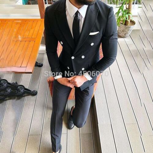Black Mens Suits Casual Business Slim Fit Wedding Tuxedos Double Breasted Groom Wear Bridegroom Costume Homme 2Pcs Jacket Pants