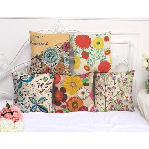 Floral Painting Cushion Cover Cotton Linen Decorative Pillowcase Chair Seat Square 45x45cm Pillow Cover Home Living Textile