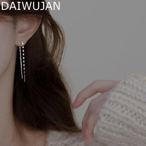 DAIWUJAN Chic 925 Sterling Silver Drop Earrings For Women Shiny Chain Sequin Ear Line Long Tassel Earring Party Wedding Jewelry