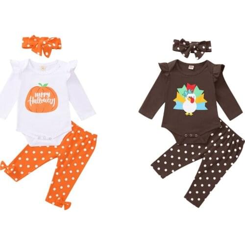 0-18M Kids Newborn Girl Infant Pumpkin Turkey Pattern Clothes Ruffle long sleeve Romper+Pants Girl Babe Casual Set
