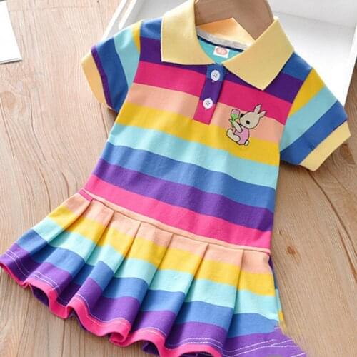 Summer Girls Dress Kids Rainbow Stripe Pleated 2 Colors Girls Short Sleeve Loose Colorful Turn-Down Collar Dress for Going Out
